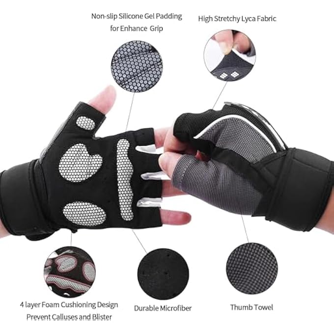 ريحني قفازات رفع الأثقال، قفازات رياضية سوداء مبطنة مع أحزمة معصم، حماية محسنة من القبضة لرفع الأثقال، تمارين الصالة الرياضية واستخدام معدات التدريب المنزلي - Image 3