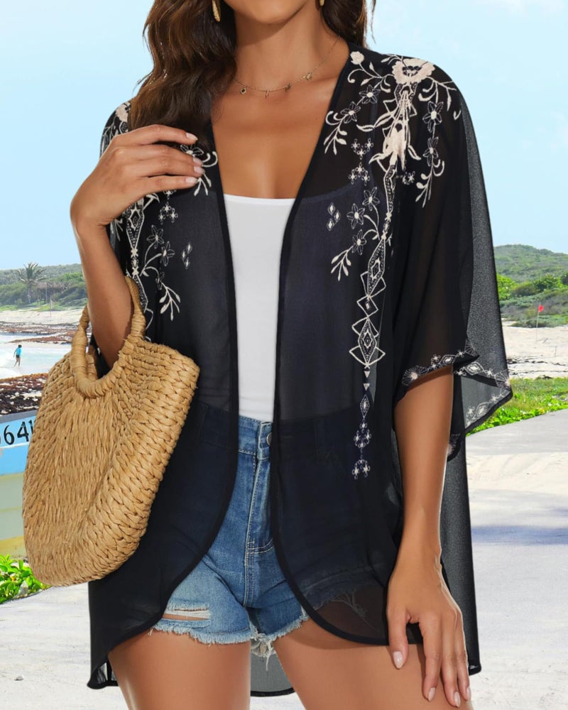 JILUVIN Womens Kimono Cardigans Beach Cover ups Swimwear Puff Sleeve Loose Casual Summer Tops (Black Printed Floral,L) - Image 3
