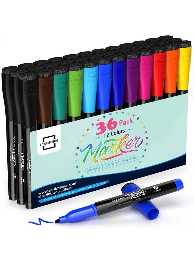 Scribbledo 36 Pack Dry Erase Markers Fine Tip Assorted Classic Colors Whiteboard Markers With Eraser Cap Thin Low Odor Skinny White Board Markers For Kids Adults Students Teachers Home School & Office - Image 1