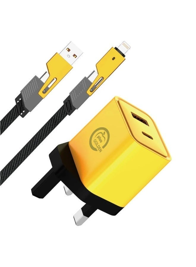 جولدن بلس شاحن سريع بقوة 45 وات القدرة القصوى 2 في1 بمنفذين USB-A و USB-C مع كابل 4-في-1 للشحن السريع ، تصميم متين وشحن فائق السرعة لجميع الهواتف - Image 1