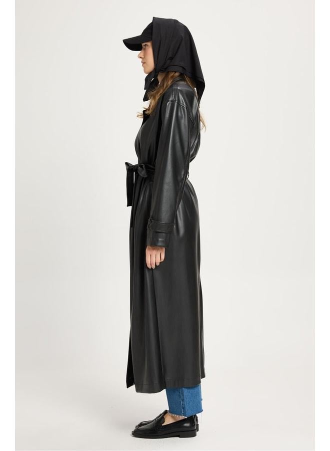 mina aise Women's Black Oversize Unlined Full-Length Leather Trench 30022. - Image 3