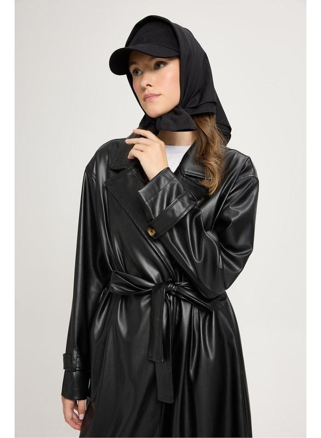 mina aise Women's Black Oversize Unlined Full-Length Leather Trench 30022. - Image 2