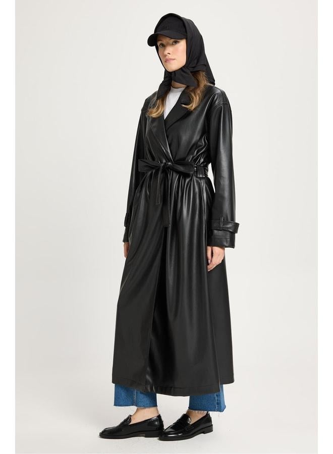 mina aise Women's Black Oversize Unlined Full-Length Leather Trench 30022. - Image 1