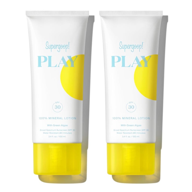 Supergoop! Supergoop PLAY 100 Mineral Lotion  34 fl oz Pack of 2  Broad Spectrum SPF 30 Sunscreen for Face  Body  Lightweight Fast Absorbing Water Resistant  With Green Algae