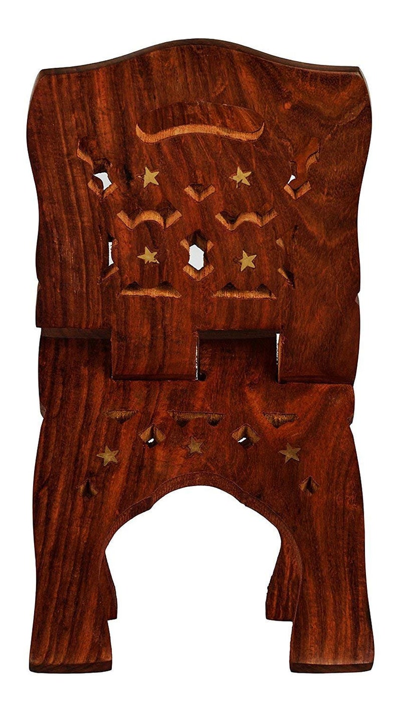 KYZZO Kyzzo Premium Handcrafted Pakka Sheesham Wooden Polished Folding Holy Book Stand Brown Rehal Reading Book Rest with Intricate Hand Carvings Size 12inch - Image 3