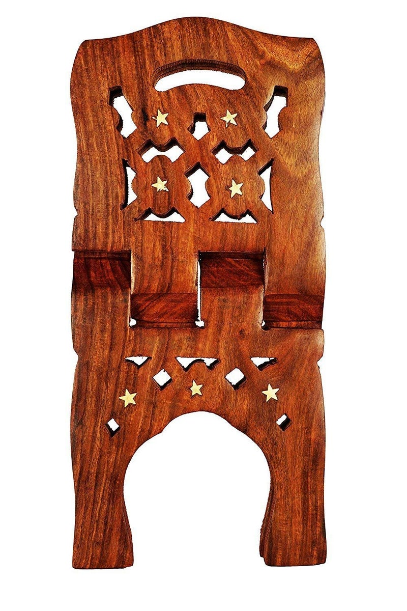 KYZZO Kyzzo Premium Handcrafted Pakka Sheesham Wooden Polished Folding Holy Book Stand Brown Rehal Reading Book Rest with Intricate Hand Carvings Size 12inch - Image 4