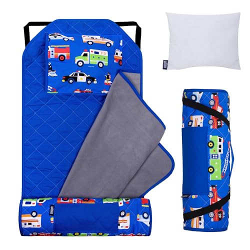 Wildkin Modern Kids Nap Mat Soft Cotton Blend with Pillow Elastic Straps for School Travel Heroes - Image 1