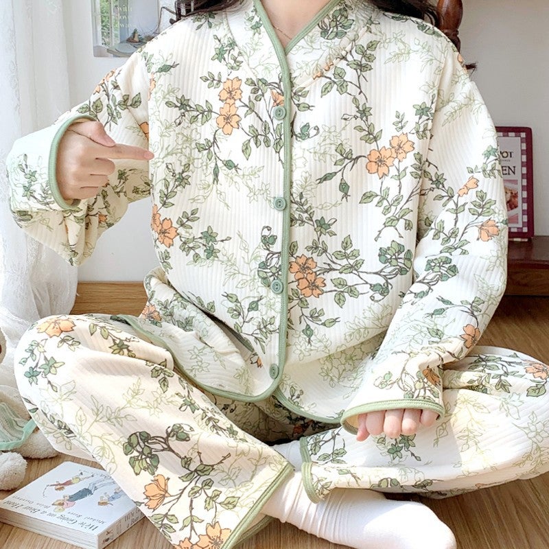 Lunar Clothing Spring and Autumn Air Cotton Thick Pregnant Womens Pajamas for Pregnant Women Winter Warm Postpartum Breastfeeding Clothing for Delivery 2503 leaf princess [with chest pad] 