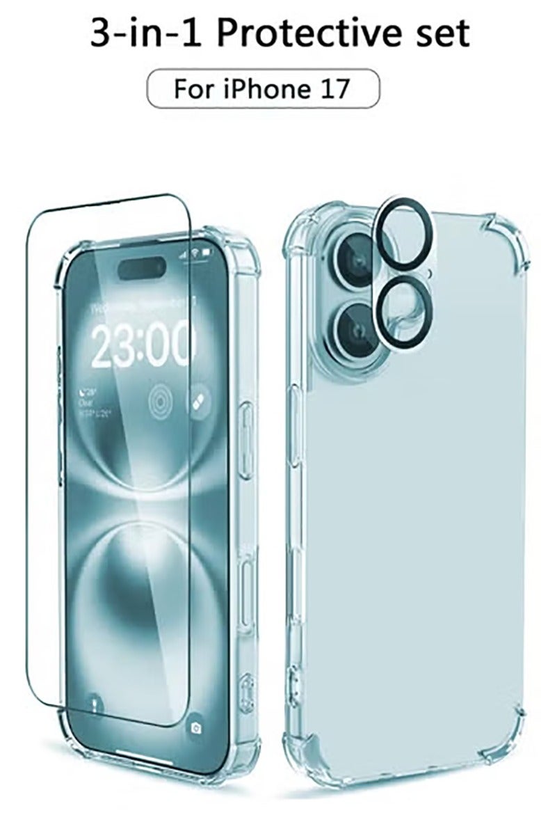 QIRG 3 in 1 for iPhone 17 Case Clear,[Yellowing-Resistant Acrylic Back] Screen Protector *1 & Camera Lens Protector*1, Shockproof for iPhone 17 Phone Case