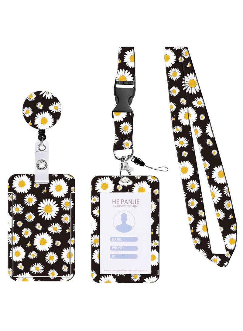 Harse ID Badge Holder with Lanyard, Retractable Badge Holders Reels with Lanyards Adjustable, for Women Kids Teacher Nurses Doctor Student (Black and White Daisy) - Image 1