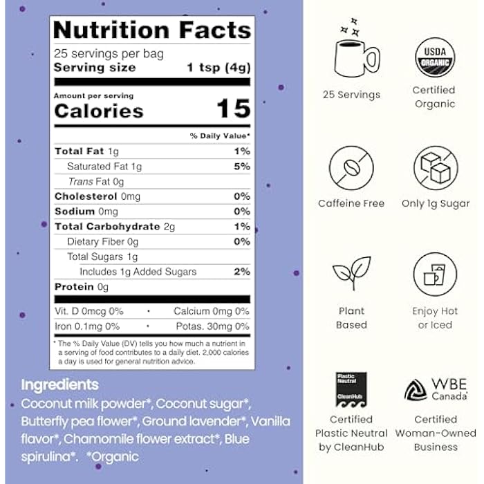 Blume Blue Lavender Superfood Latte Powder – Organic Lavender Tea Powder, Blue Spirulina, Blue Butterfly Pea Flower Tea, Chamomile, Coconut Milk - Caffeine Free, Vegan, 1g Sugar - 25 Servings - Image 2