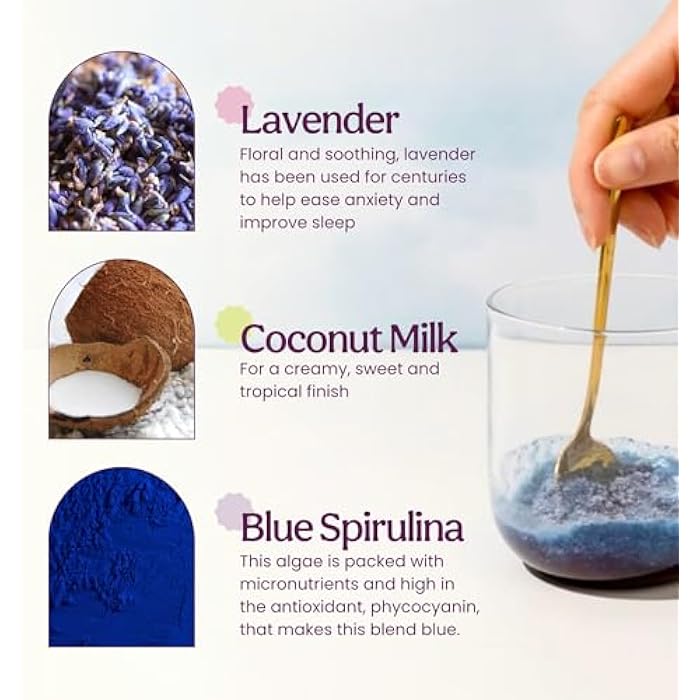 Blume Blue Lavender Superfood Latte Powder – Organic Lavender Tea Powder, Blue Spirulina, Blue Butterfly Pea Flower Tea, Chamomile, Coconut Milk - Caffeine Free, Vegan, 1g Sugar - 25 Servings - Image 4