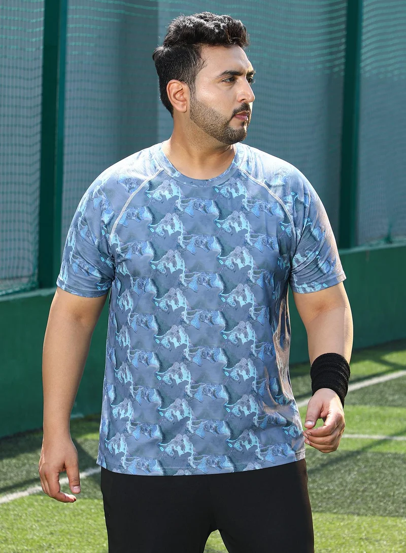 انستافاب بلس Instafab Plus Men's Slate Blue Panel-Swirl Activewear T-Shirt For Casual Wear | Crew Neck | Short Sleeves | Plus Size Jersey T-Shirt Crafted With Comfort Fit For Everyday Wear