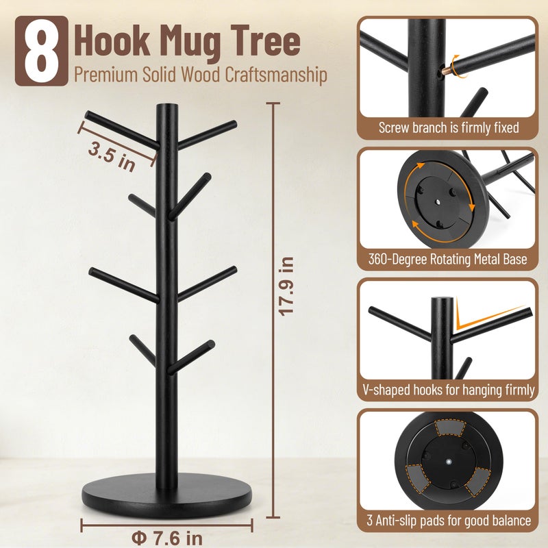 MyLifeUNIT Mug Holder Tree, 360Â° Rotated Coffee Cup Holder with 8 Hooks, Wooden Mug Rack Stand for Counter Top, Coffee Bar Accessories (Black) - Image 4