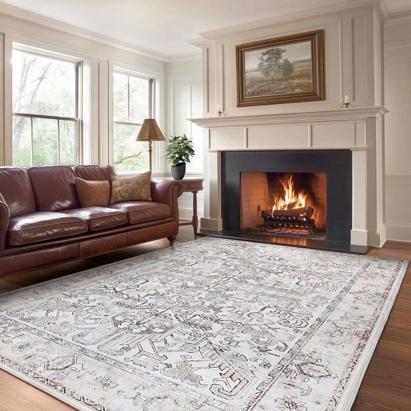jinchan Antibacterial Area Rug Washable Bohemian Hallway Carpet 240x305CM Taupe Floral Thin Mat Non Slip Floor Cover for Bathroom Kids Nursey Entryway Laundry Room Bedroom - Image 3