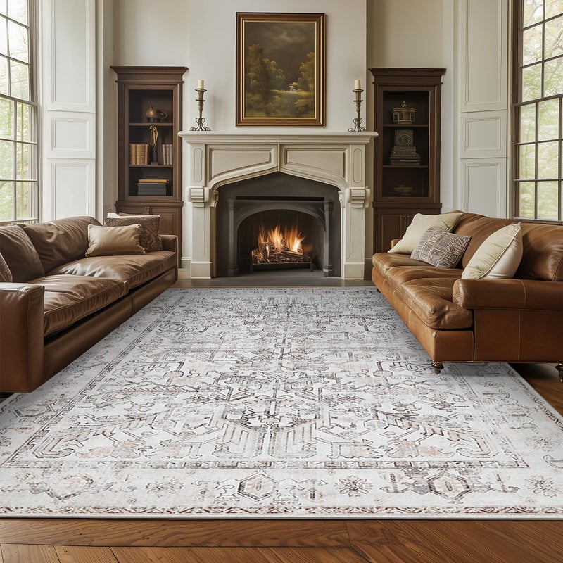 jinchan Antibacterial Area Rug Washable Bohemian Hallway Carpet 240x305CM Taupe Floral Thin Mat Non Slip Floor Cover for Bathroom Kids Nursey Entryway Laundry Room Bedroom - Image 1