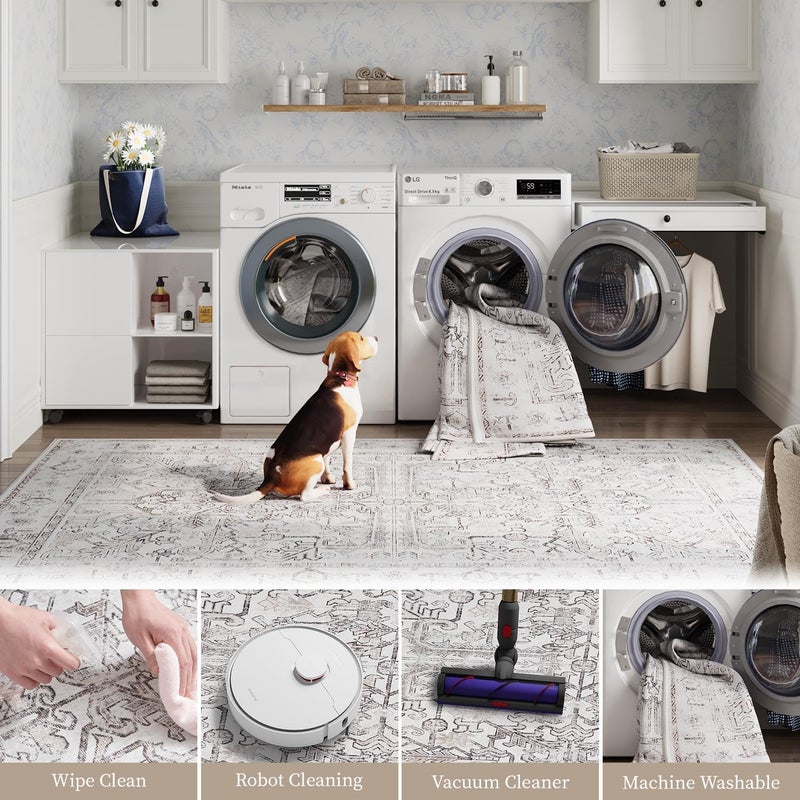 jinchan Antibacterial Area Rug Washable Bohemian Hallway Carpet 240x305CM Taupe Floral Thin Mat Non Slip Floor Cover for Bathroom Kids Nursey Entryway Laundry Room Bedroom - Image 4