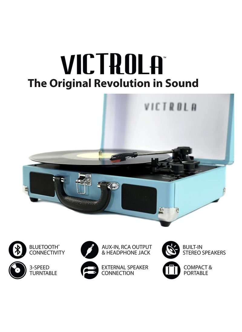VICTROLA Victrola Journey Vintage Bluetooth Suitcase Vinyl Record Player Portable 3-Speed LP Turntable with Built-in Stereo Speakers Aux-In RCA Out Elegant Turquoise Color  - Image 4