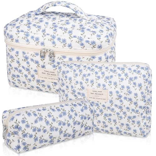 Gosect Makeup Bag Set, Quilted Makeup Bag, Large Floral Cosmetic Bag for Women, Cute Cotton Makeup Bags, Flower Travel Toiletry Organizer Bag (Blue Peacock Flower) - Image 1