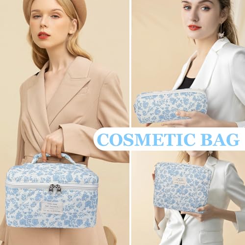 Gosect Makeup Bag Set, Quilted Makeup Bag, Large Floral Cosmetic Bag for Women, Cute Cotton Makeup Bags, Flower Travel Toiletry Organizer Bag (Blue Peacock Flower) - Image 4