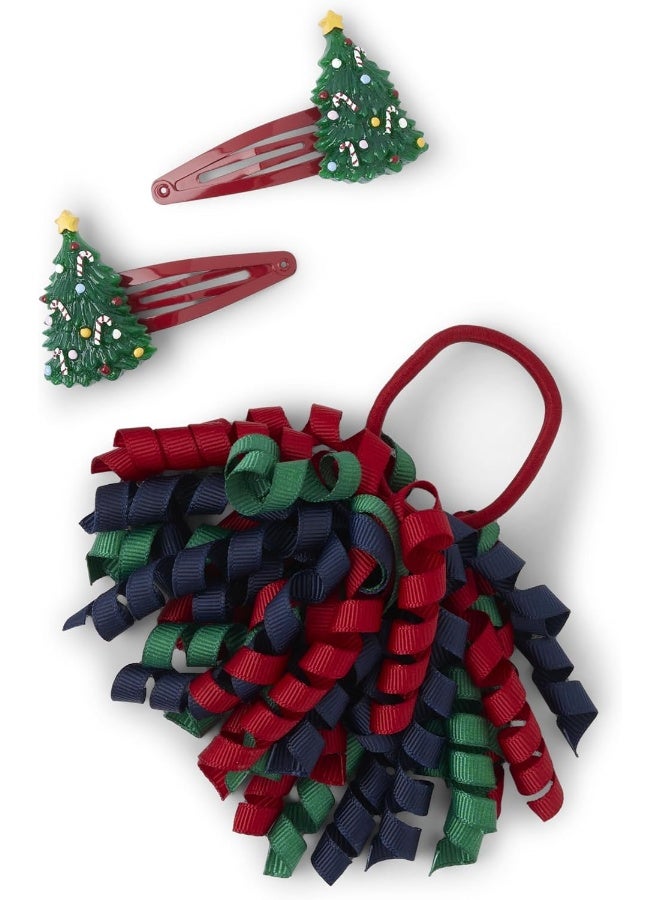 Gymboree,Toddler and Baby 3-Pack Snap Clips & Tie Hair Accessories,Christmas Tree,One Size - Image 1