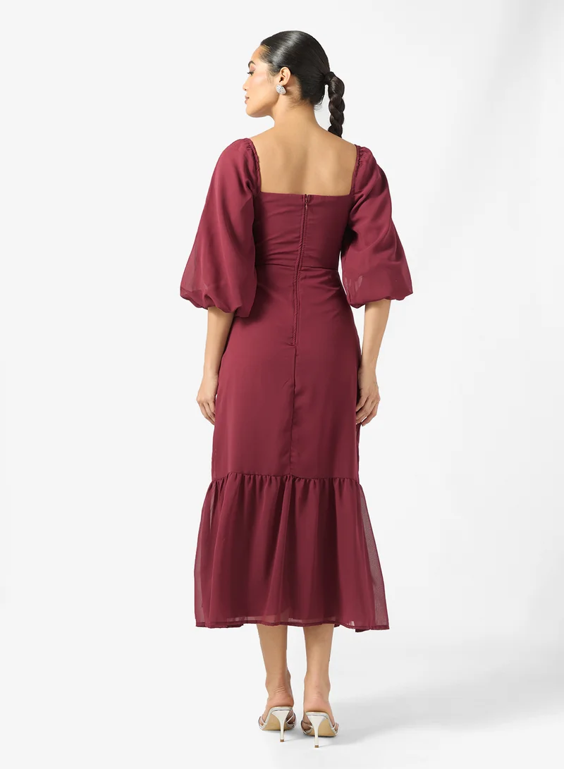 Maya Puff Sleeve Embellished Square Neck Midi Dress