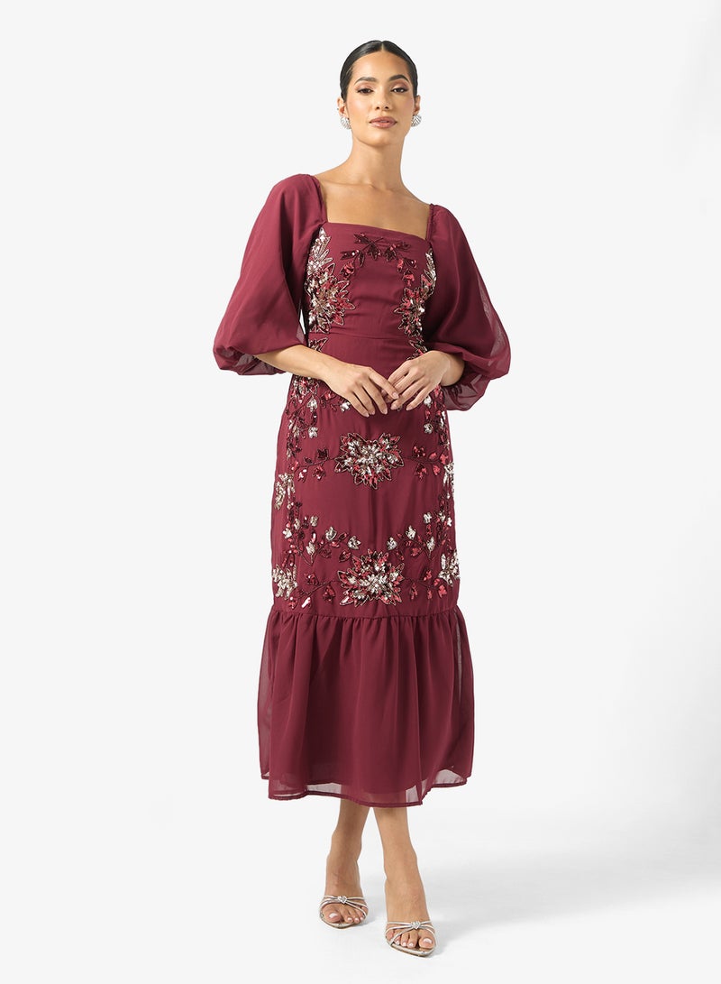 Maya Puff Sleeve Embellished Square Neck Midi Dress - Image 1