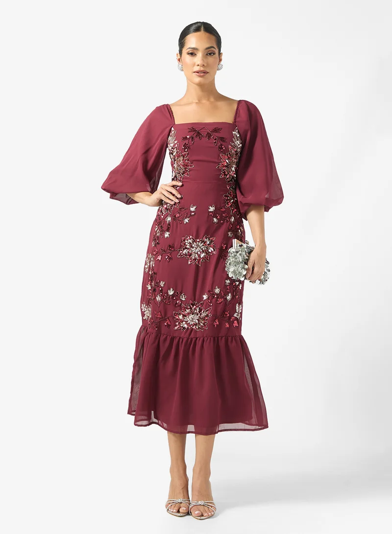 Maya Puff Sleeve Embellished Square Neck Midi Dress