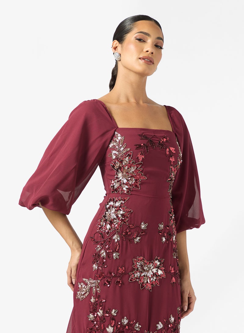 Maya Puff Sleeve Embellished Square Neck Midi Dress - Image 3