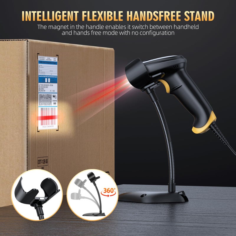 TEEMI 2D Barcode Scanner with Smart Stand USB Wired Handheld Automatic QR Data Matrix PDF417 OCR bar Codes Imager Global Shutter Computer Screen Scan for Windows Mac and Linux PC POS, Stand Included - Image 2