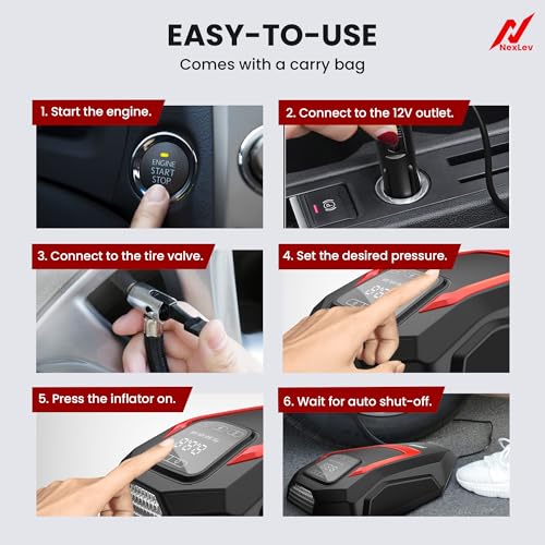 Nexlev Tyre Inflator for Car | Touch Control |150 PSI |12V DC| 4 Nozzles | Digital Tyre Pressure Gauge| Carry Bag | Suitable for Bike, Bicycle or Any Inflatable | Emergency LED Light | TI-01 - Image 5
