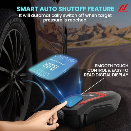 Nexlev Tyre Inflator for Car | Touch Control |150 PSI |12V DC| 4 Nozzles | Digital Tyre Pressure Gauge| Carry Bag | Suitable for Bike, Bicycle or Any Inflatable | Emergency LED Light | TI-01 - Image 2