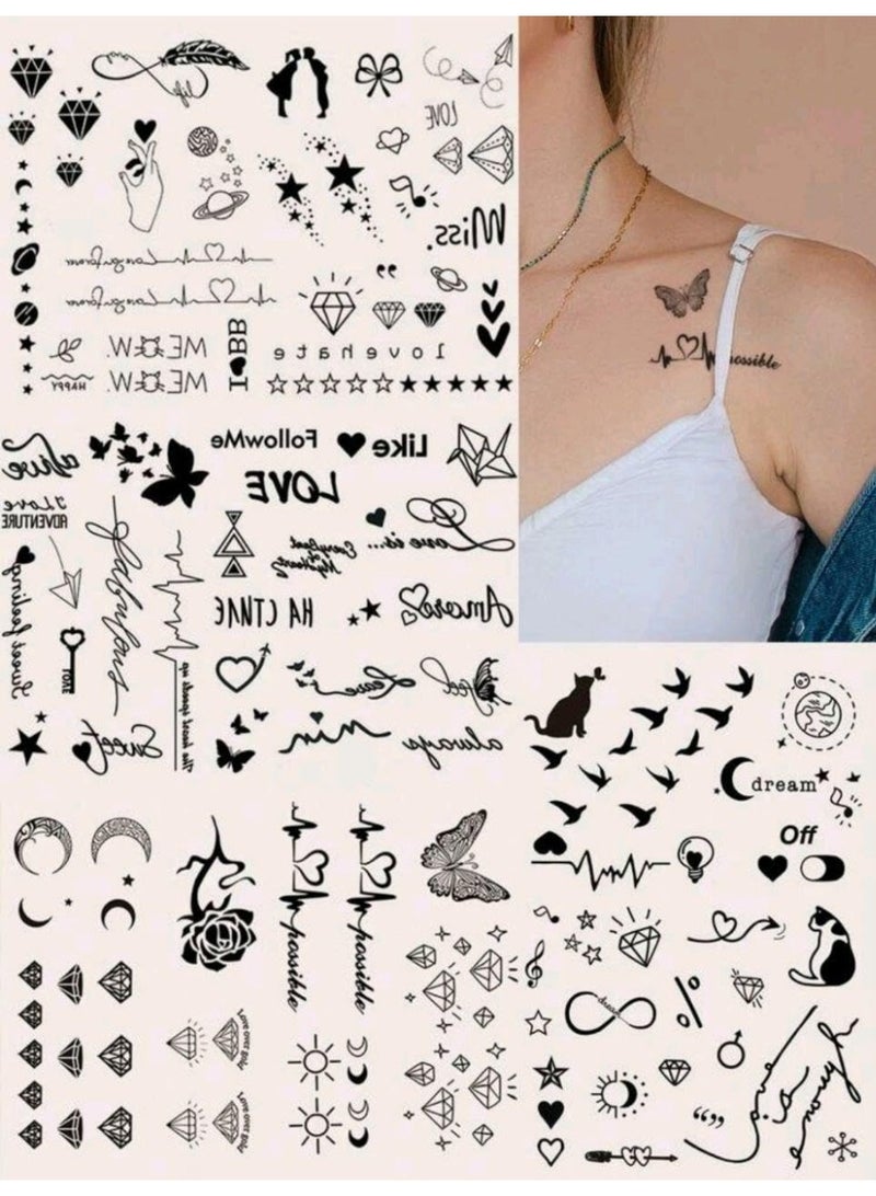 SHEIN 180PCS Black Sketch Floral Tattoo Sticker-Bird, Heart, Diamond, Music Note, Words - Image 1