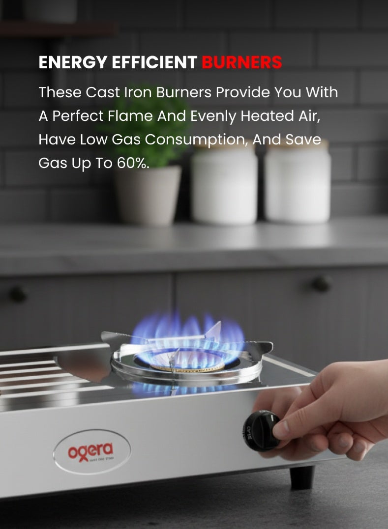 Ogera Stainless Steel Double Gas Burner Stove – 2 High-Efficiency Burners, Low Gas Consumption, Easy to Clean, Rust-Resistant Body, Compact & Portable Design – Silver, Model OG3012GC, 2-Year Warranty - Image 3