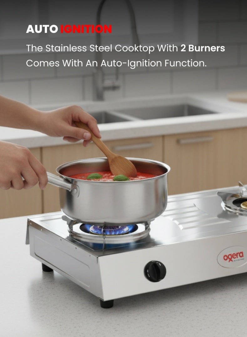 Ogera Stainless Steel Double Gas Burner Stove – 2 High-Efficiency Burners, Low Gas Consumption, Easy to Clean, Rust-Resistant Body, Compact & Portable Design – Silver, Model OG3012GC, 2-Year Warranty - Image 2