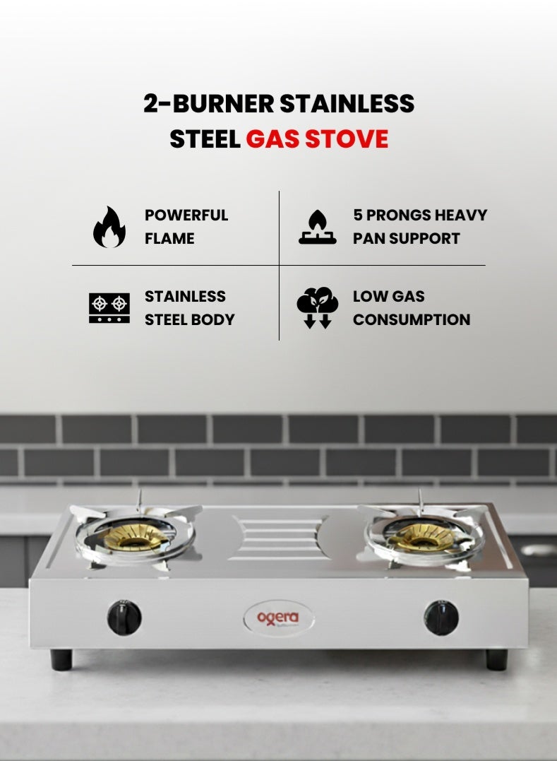 Ogera Stainless Steel Double Gas Burner Stove – 2 High-Efficiency Burners, Low Gas Consumption, Easy to Clean, Rust-Resistant Body, Compact & Portable Design – Silver, Model OG3012GC, 2-Year Warranty - Image 1