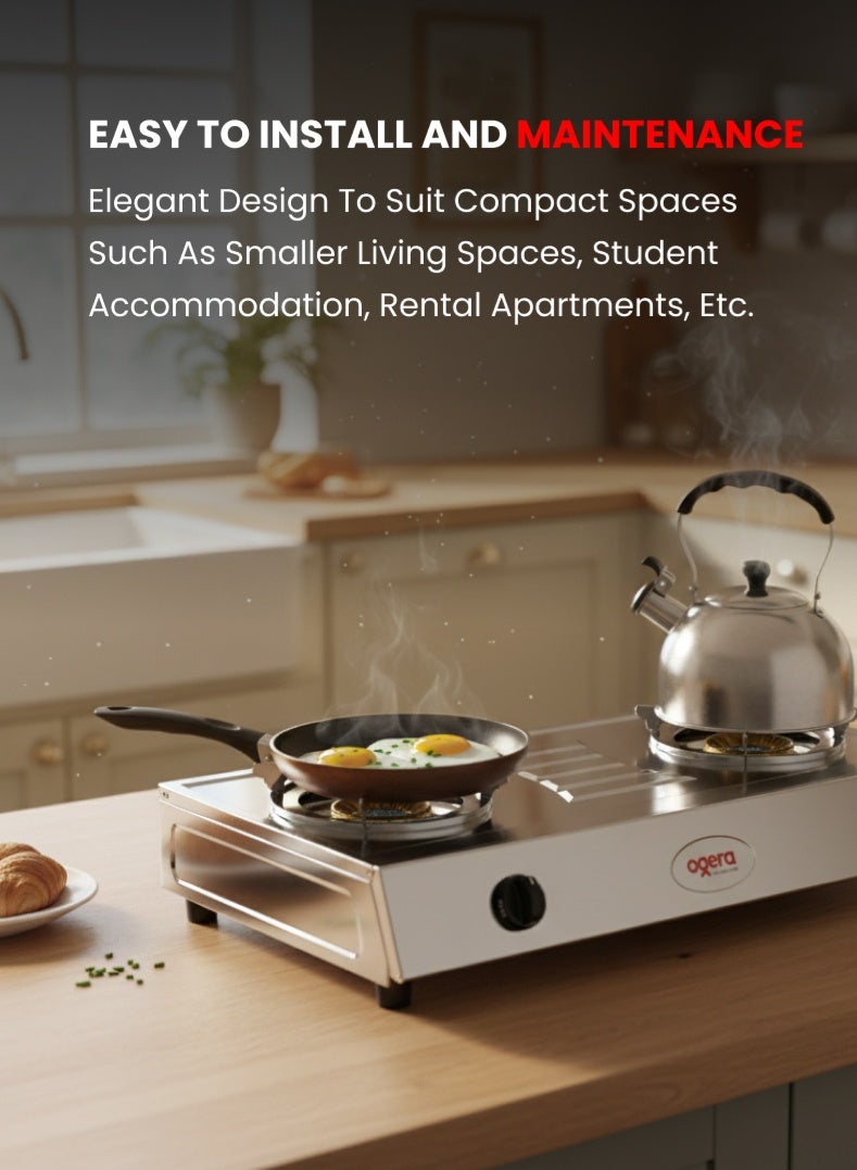 Ogera Stainless Steel Double Gas Burner Stove – 2 High-Efficiency Burners, Low Gas Consumption, Easy to Clean, Rust-Resistant Body, Compact & Portable Design – Silver, Model OG3012GC, 2-Year Warranty - Image 5