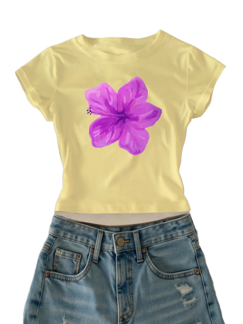 00008 - Women's Casual Top with Large Petal Print, Girly Heart, Ins - Style American Fashion, Versatile T - Shirt, New Summer Trendy Short Sleeve - CC73 - Yellow 2 / XS - Image 1