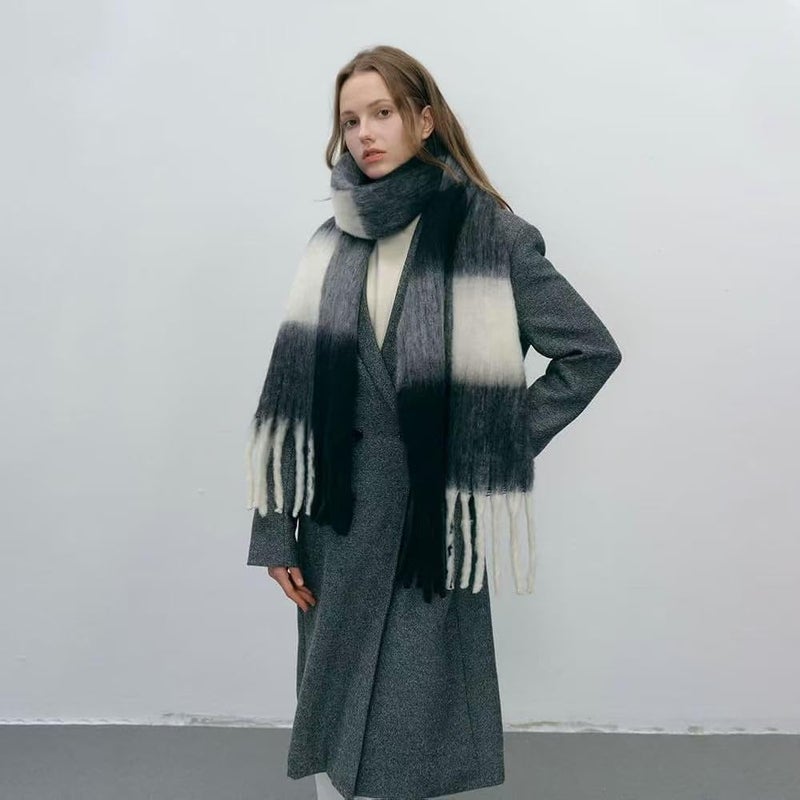 MININAI Women Chunky Plaid Scarf Oversized Big Grid Tassel Large Wrap Scarf Soft Fall Winter Thick Warm Shawl Scarves (Black White) - Image 2