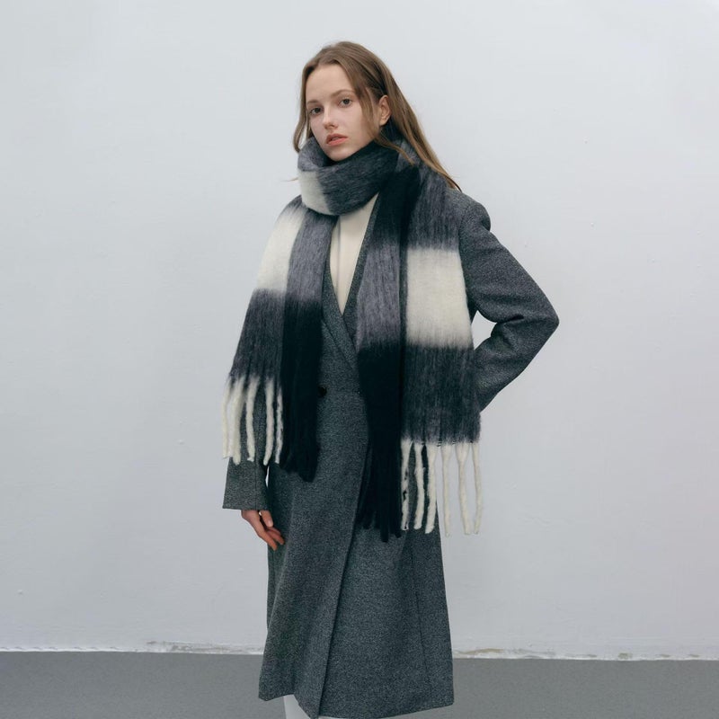 MININAI Women Chunky Plaid Scarf Oversized Big Grid Tassel Large Wrap Scarf Soft Fall Winter Thick Warm Shawl Scarves (Black White) - Image 3