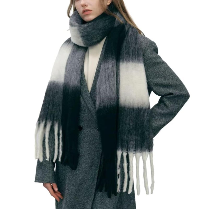 MININAI Women Chunky Plaid Scarf Oversized Big Grid Tassel Large Wrap Scarf Soft Fall Winter Thick Warm Shawl Scarves (Black White) - Image 1