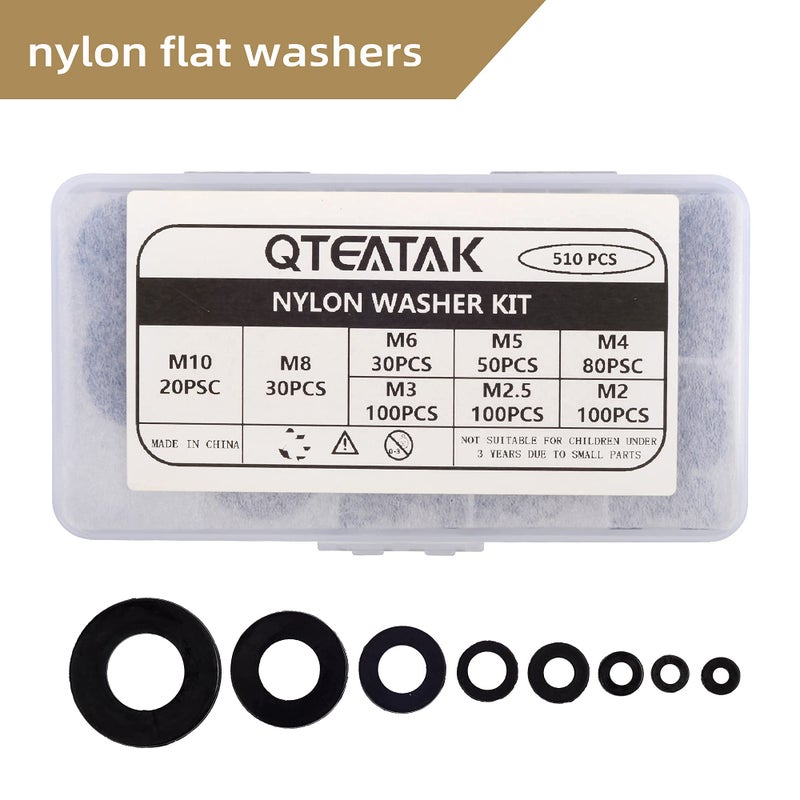 Qteatak 510 Pcs Black Nylon Flat Washer Assortment Kit For Electrical Connections On Household & Commercial Appliances (M2 M2.5 M3 M4 M5 M6 M8 M10) - Image 3