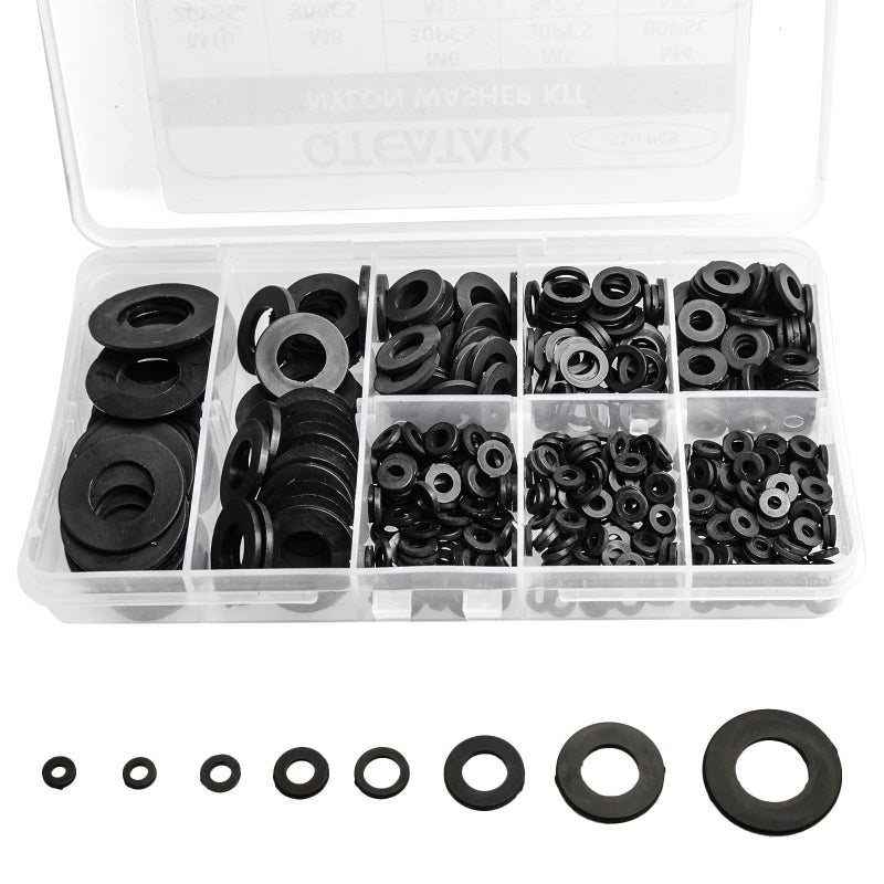 Qteatak 510 Pcs Black Nylon Flat Washer Assortment Kit For Electrical Connections On Household & Commercial Appliances (M2 M2.5 M3 M4 M5 M6 M8 M10) - Image 1
