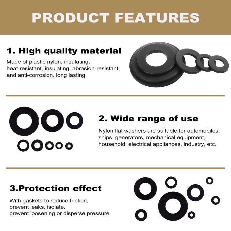 Qteatak 510 Pcs Black Nylon Flat Washer Assortment Kit For Electrical Connections On Household & Commercial Appliances (M2 M2.5 M3 M4 M5 M6 M8 M10) - Image 5