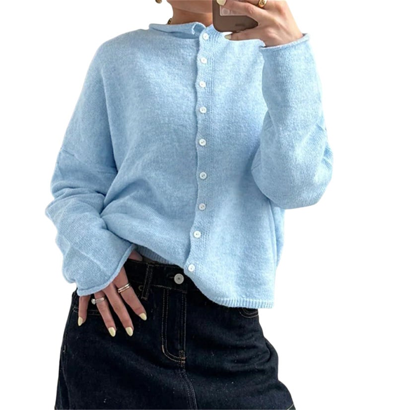 Yuemengxuan Women Knitted Cardigan Sweaters Long Sleeve Button Down Loose Knitwear Tops Y2k Vintage Jumper Knit Shirt (Sky Blue #A, S) - Image 1