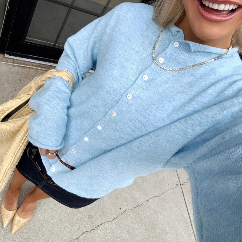 Yuemengxuan Women Knitted Cardigan Sweaters Long Sleeve Button Down Loose Knitwear Tops Y2k Vintage Jumper Knit Shirt (Sky Blue #A, S) - Image 5