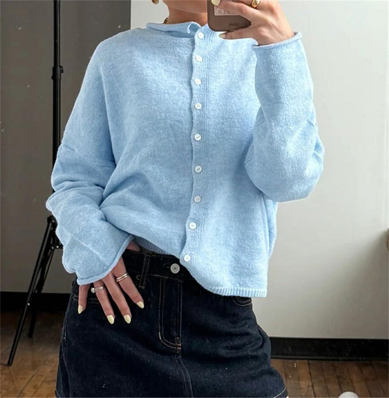 Yuemengxuan Women Knitted Cardigan Sweaters Long Sleeve Button Down Loose Knitwear Tops Y2k Vintage Jumper Knit Shirt (Sky Blue #A, S) - Image 2