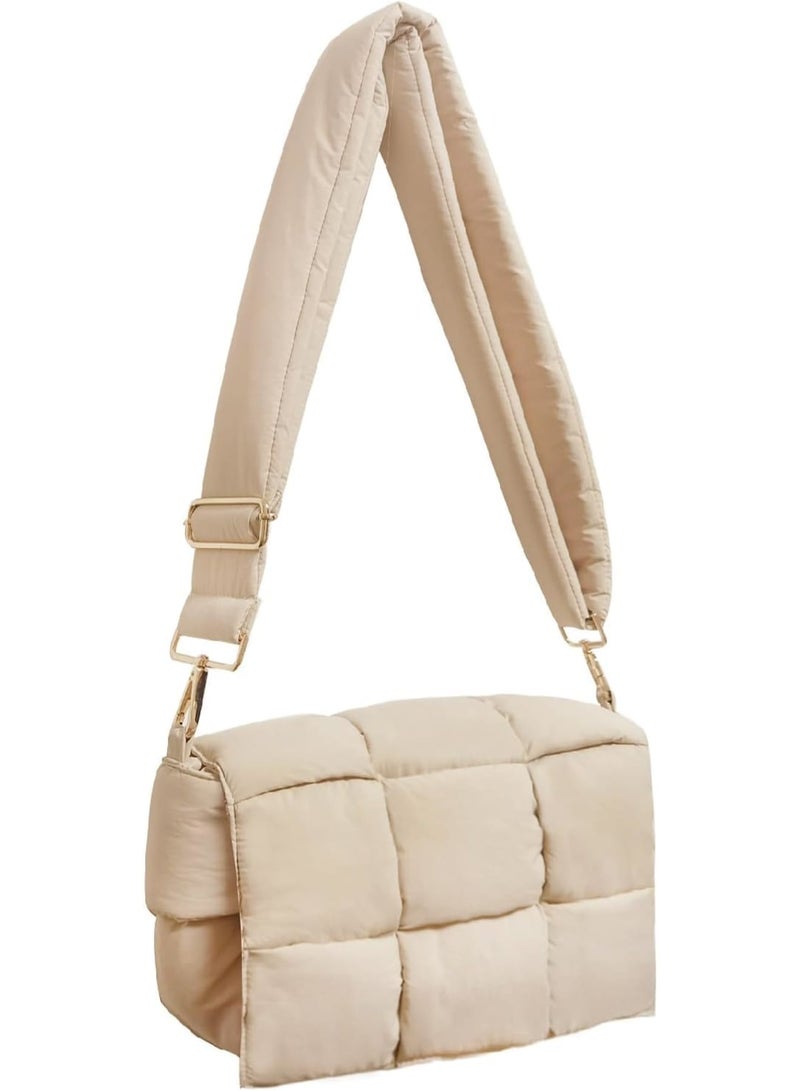 SOLARAE Puffer Woven Shoulder Bag, Nylon Padded Woven Handbag, Designer Crossbody Bags Padded Cassette Handbag with Coins Organizer Nylon Light Weight Women Crossbody Purse (White) - Image 1