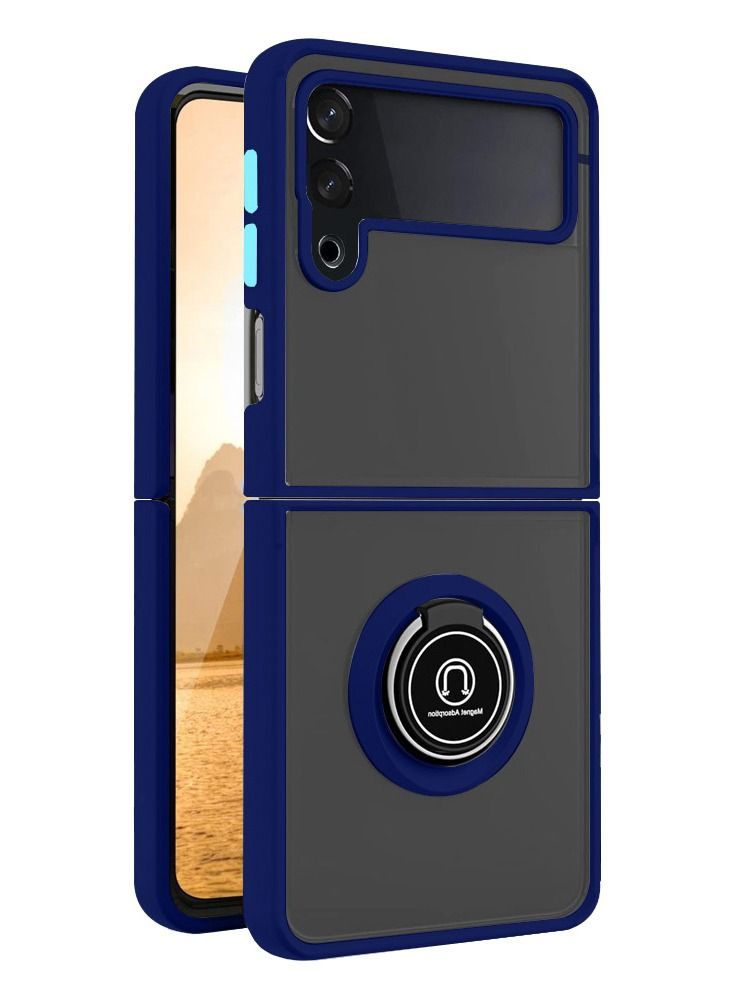 CATANES جراب Samsung Galaxy Z Flip 4 مع حامل حلقي وقبضة إصبع معدنية مغناطيسية وغطاء قابل للطي هجين مع مصد TPU مقوى متوافق مع Galaxy Z Flip4 مقاس 6.7 بوصة أزرق داكن - Image 3