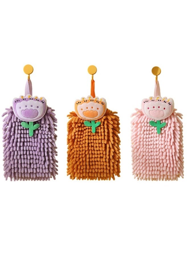 Plush Chenille Hanging Hand Towels, Soft Absorbent Microfiber Hand Towels Quick-Drying  Cartoon Flowers Hand Towel with Hanging Loops for Bathroom Kitchen, Purple+Orange+Pink